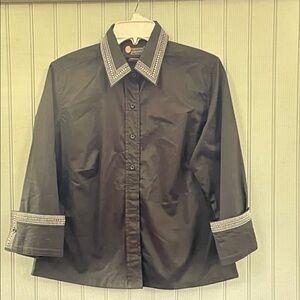 Christine Alexander Black Button-Down Shirt with Crystal-Trim Collar & Cuffs